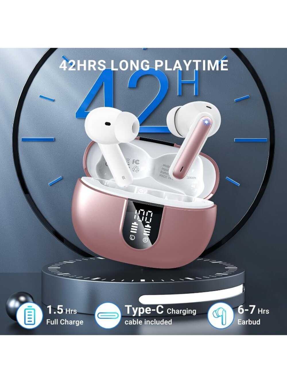 Wireless Pink Gold HiFi Stereo Noise Canceling 42Hs Playtime Bluetooth Earbud - Picture 3 of 6